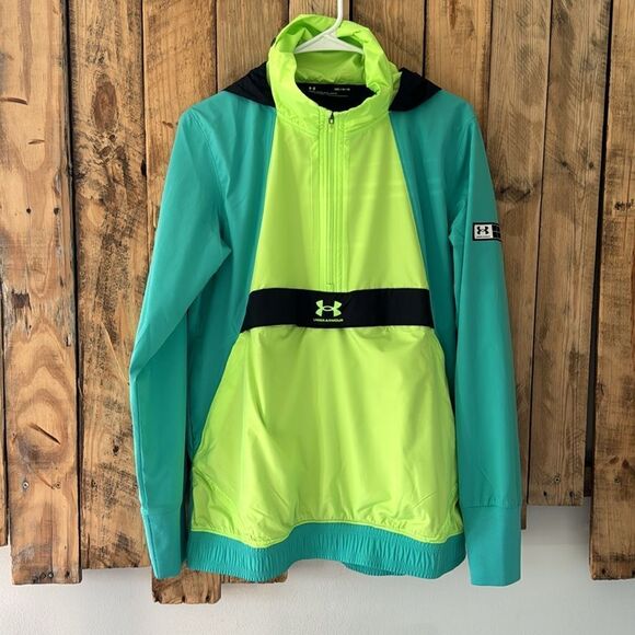 Under Armour Womens Off-Pitch Anorak 2.0 Jacket Hoodie Turquoise Lime Green Sz M - Picture 12 of 15